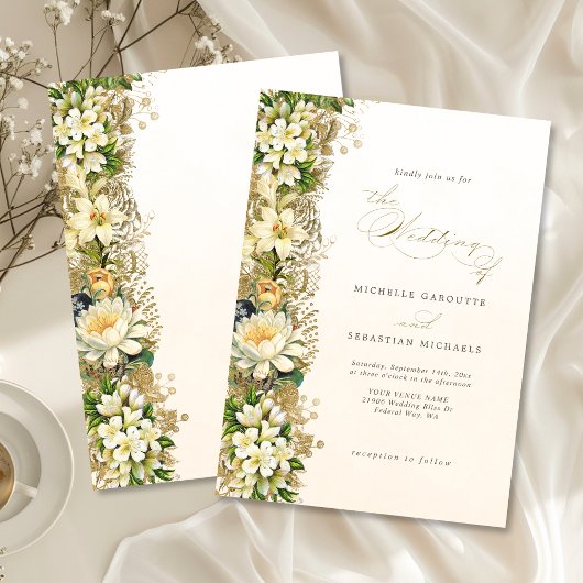 Invitation Élégant Mariage Floral Blanc Or