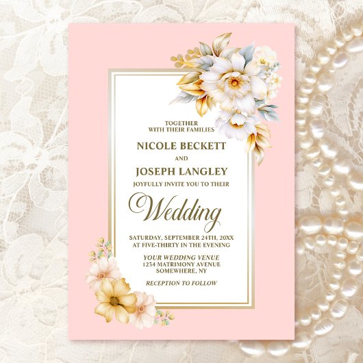 Invitation Élégant Mariage floral blanc rose