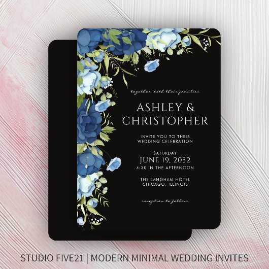 Invitation Élégant Mariage Floral Bleu