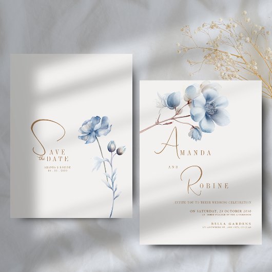 Invitation Élégant Mariage Floral Bleu
