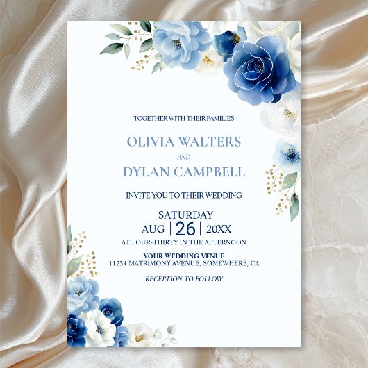 Invitation Élégant Mariage Floral Bleu
