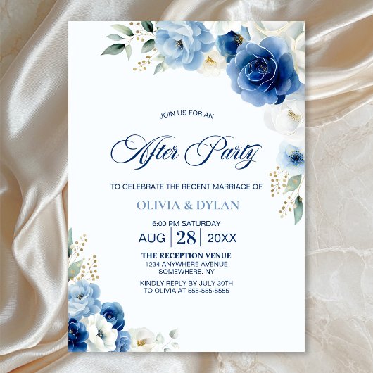 Invitation Elégant Mariage Floral Bleu après la fête
