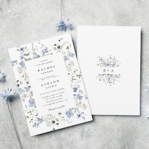 Invitation Élégant mariage floral bleu blanc vert