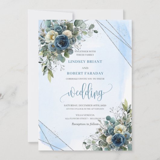 Invitation Elégant Mariage floral bleu bleu blanc argent (Devant)