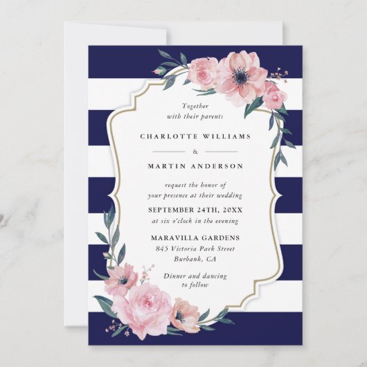 Invitation Élégant Mariage floral bleu bleu bleu rose (Devant)