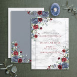 Invitation Élégant Mariage floral bleu bleu-bordeaux clair<br><div class="desc">Créez la faire-part de mariage parfaite avec ce design floral à l'aquarelle bleu poussiéreux et bordeaux marsala tendance,  avec un arrière - plan en marbre faux carrera et une élégante calligraphie de script. Contacter le concepteur pour les produits correspondants. Copyright Invitations élégants,  tous droits réservés.</div>