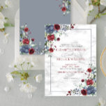 Invitation Élégant Mariage floral bleu bleu-bordeaux clair<br><div class="desc">Créez la faire-part de mariage parfaite avec ce design floral à l'aquarelle bleu poussiéreux et bordeaux marsala tendance,  avec un arrière - plan en marbre faux carrera et une élégante calligraphie de script. Contacter le concepteur pour les produits correspondants. Copyright Invitations élégants,  tous droits réservés.</div>
