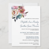 Invitation Elégant Mariage floral bleu bordeaux Dusty (Devant)