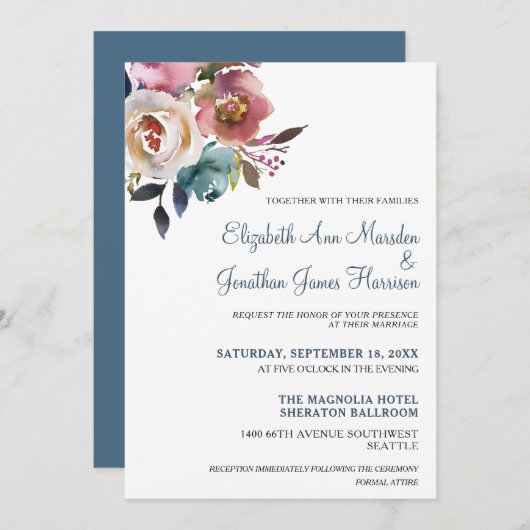 Invitation Elégant Mariage floral bleu bordeaux Dusty (Devant / Derrière)