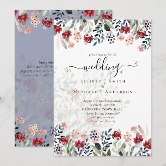 Invitation Elégant Mariage floral bleu bordeaux Dusty (Devant / Derrière)