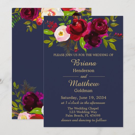 Invitation Elégant Mariage floral bleu Bourgogne (Devant / Derrière)