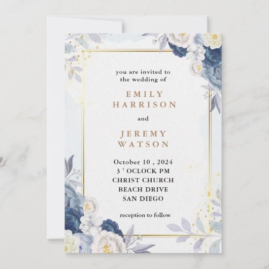 Invitation Élégant Mariage floral bleu clair (Devant)