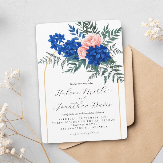 Invitation Élégant Mariage floral bleu Cobalt