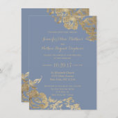 Invitation Élégant Mariage floral bleu doré simple (Devant / Derrière)