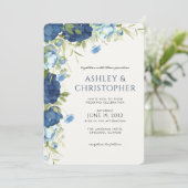 Invitation Élégant Mariage Floral bleu en un (Debout devant)