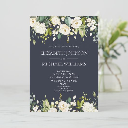 Invitation Elégant Mariage floral bleu et blanc (Debout devant)