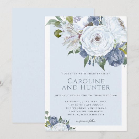 Invitation Elégant Mariage floral bleu et blanc aquarelle (Devant / Derrière)