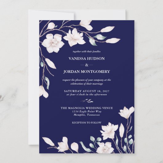 Invitation Élégant Mariage floral bleu et blanc Magnolia (Devant)