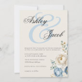 Invitation Elégant Mariage floral bleu et crème (Devant)