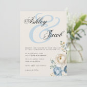 Invitation Elégant Mariage floral bleu et crème (Debout devant)