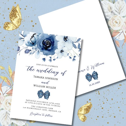 Invitation Élégant Mariage floral bleu foncé d'hiver