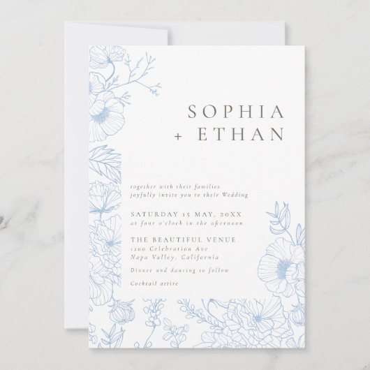 Invitation Élégant Mariage Floral Bleu Français (Devant)