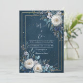 Invitation Elégant Mariage floral bleu marine (Debout devant)