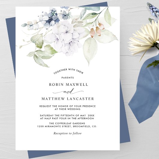 Invitation Elégant Mariage floral bleu marine