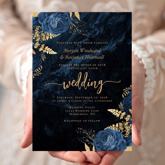 Invitation Elégant Mariage floral bleu marine