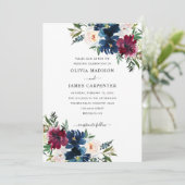 Invitation Élégant Mariage floral bleu marine de Bourgogne (Debout devant)