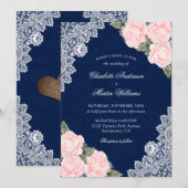 Invitation Élégant Mariage floral bleu marine et bleu brun (Devant / Derrière)