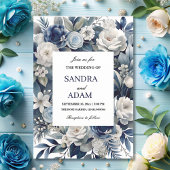 Invitation Elégant Mariage floral bleu marine et ivoire argen