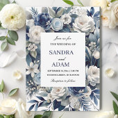Invitation Elégant Mariage floral bleu marine et ivoire argen