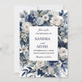 Invitation Elégant Mariage floral bleu marine et ivoire argen (Devant)