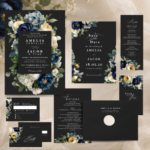 Invitation Élégant mariage floral bleu marine et pivoines bla