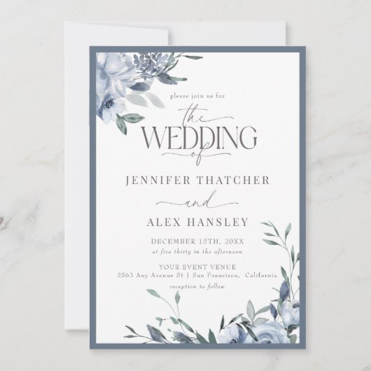 Invitation Élégant Mariage Floral bleu moderne | Code Qr Rsvp (Devant)