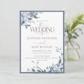 Invitation Élégant Mariage Floral bleu moderne | Code Qr Rsvp (Debout devant)
