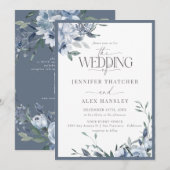 Invitation Élégant Mariage Floral bleu moderne | Code Qr Rsvp (Devant / Derrière)