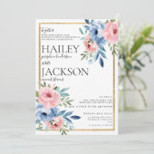 Invitation Élégant mariage floral bleu rose or blanc (Debout devant)