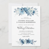 Invitation Élégant mariage floral bleu script (Devant)