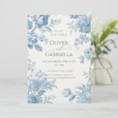 Invitation Élégant Mariage Floral bleu toile française (Debout devant)