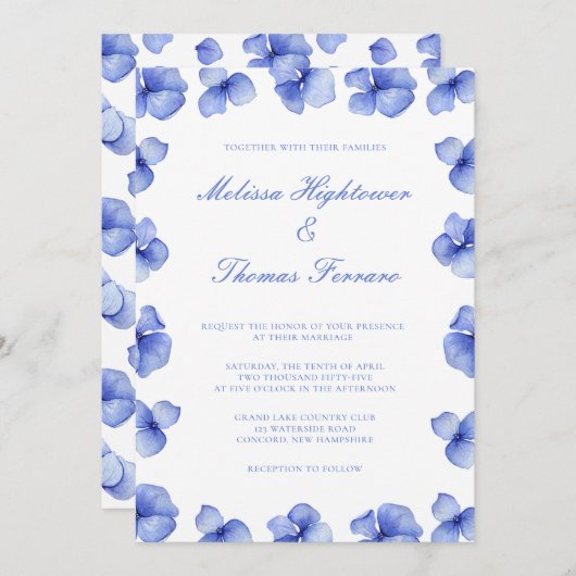 Invitation Élégant Mariage floral Blue Hydrangea (Devant / Derrière)