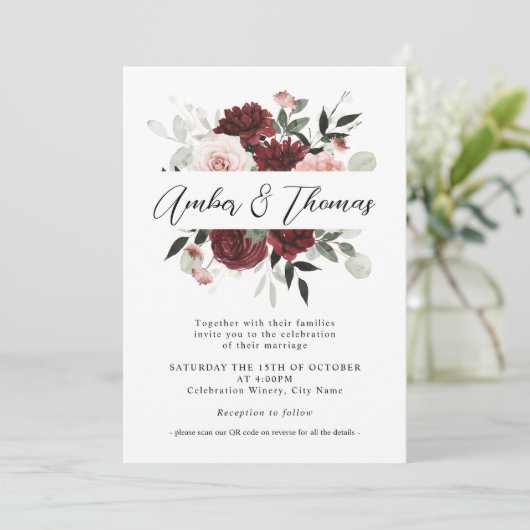 Invitation Élégant Mariage floral Blush Burgundy & Blush (Debout devant)