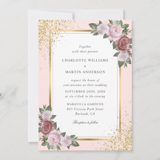 Invitation Élégant Mariage floral Blush Pink Gold Confetti (Devant)