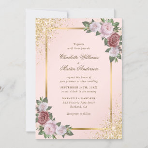 Invitation Élégant Mariage floral Blush Pink Gold Confetti