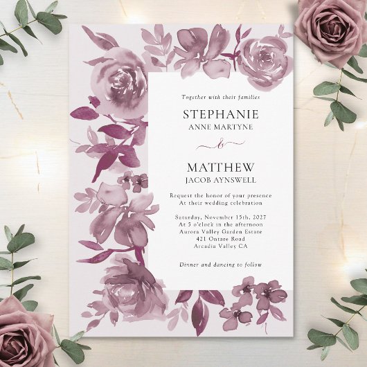 Invitation Elégant Mariage floral bordeaux