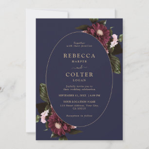 Invitation Élégant Mariage floral bordeaux bleu minuit