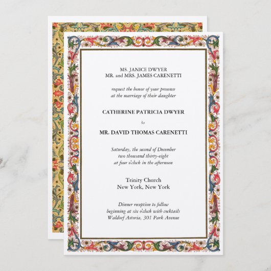 Invitation Elégant Mariage Floral Bordure Bleu & Or (Devant / Derrière)