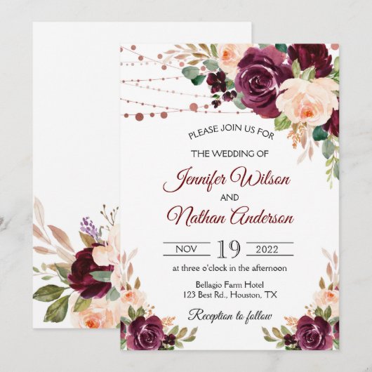 Invitation Élégant Mariage floral Bourgogne (Devant / Derrière)