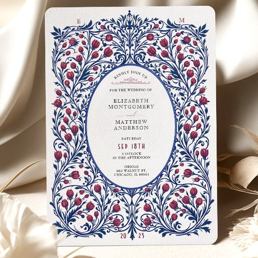 Invitation Élégant Mariage Floral Bourgogne et Marine